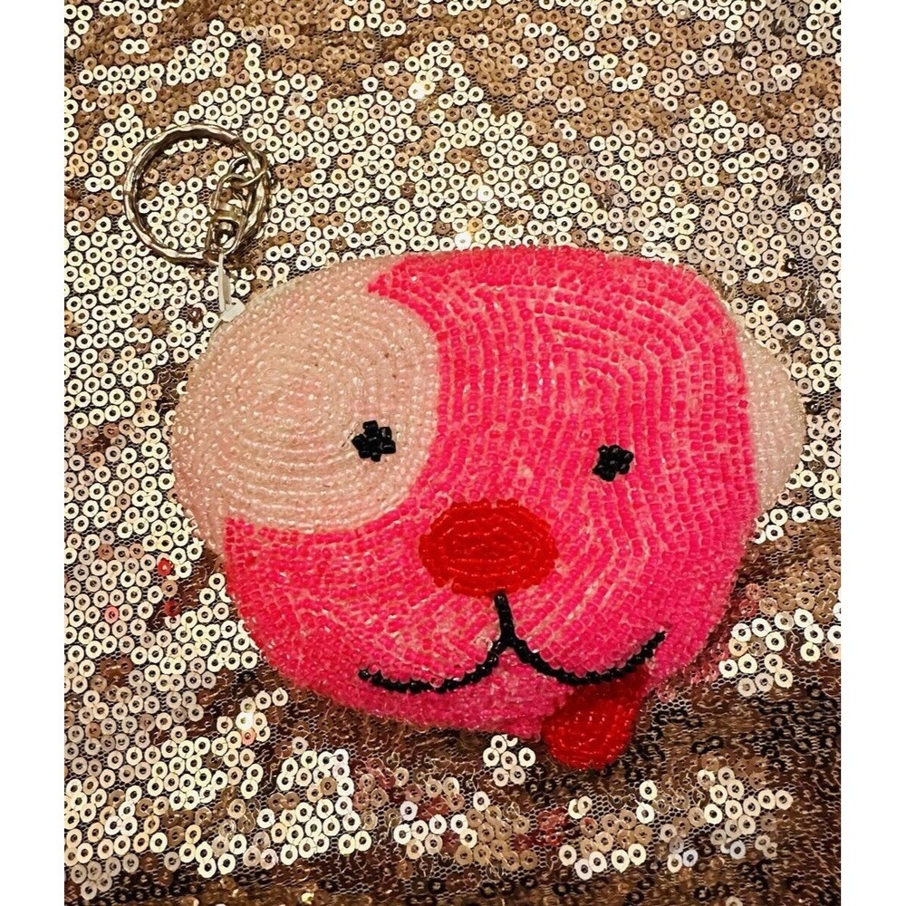Beaded Pink Puppy Coin Purse Wallet Zippered Keychain Glass Beads EUC
